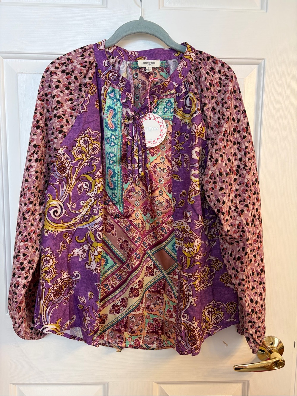 Umgee Purple Multi-Print Boho Tie-Neck Blouse